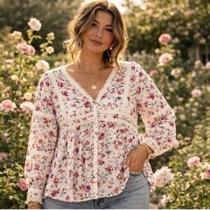 Anthropologie Cream Floral Lace-Trim Peasant Blouse